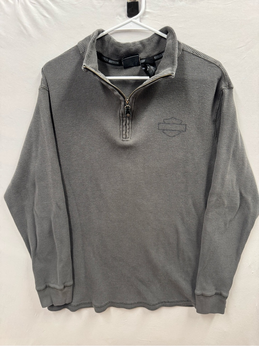 Harley Davidson Thermal 1/4 Zip Pullover Men L Gray Waffle Knit Logo Biker Y2K